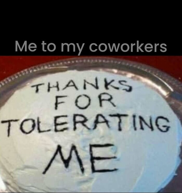 Cake with "Thanks for tolerating me" message; humorous work meme to share with colleagues.