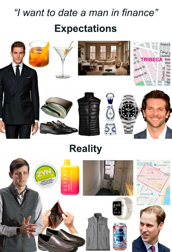 Expectations vs. reality of dating a finance professional, featuring investment memes and humorous visual contrasts.