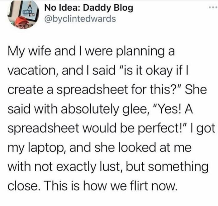 A humorous social media post about a husband suggesting a vacation spreadsheet, described as their new way of flirting.