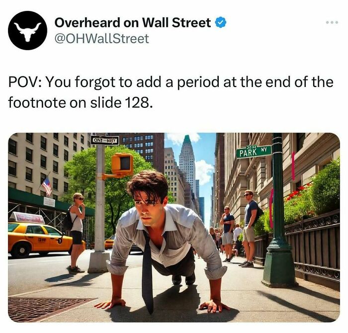 Man in business attire doing push-ups on a city street, capturing a humorous investment meme theme.