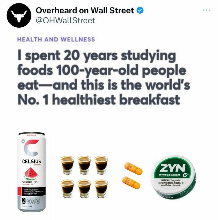 Investment meme from "Overheard On Wall Street" with Celsius drink, espresso shots, capsules, and ZYN wintergreen.