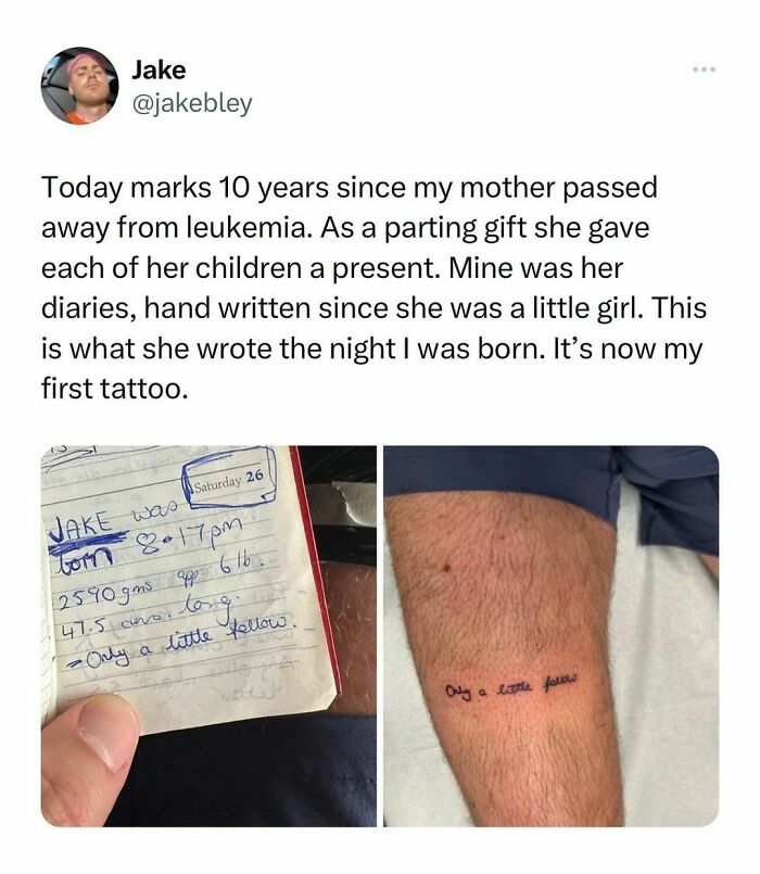 Tattoo of mother's handwritten note from diary alongside original page; a tribute showcasing wholesome kindness.