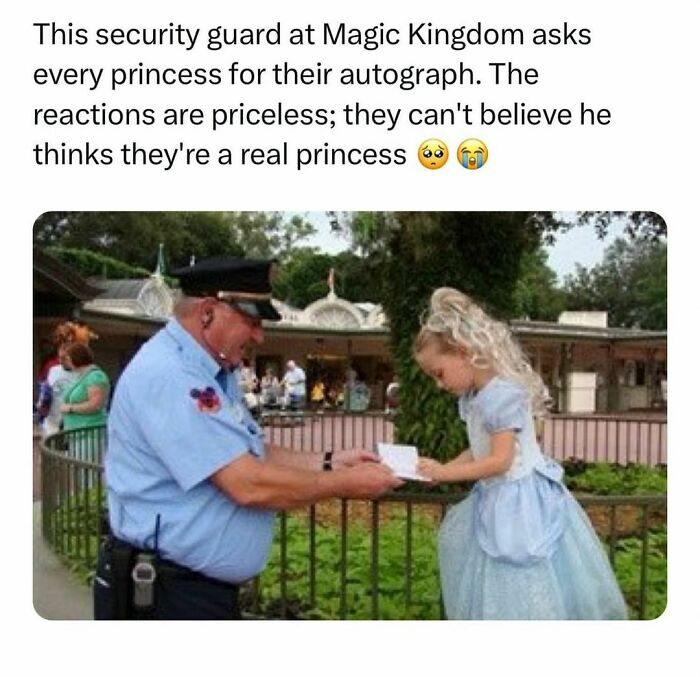 Security guard getting autograph from little girl in princess dress, showcasing wholesome kindness posts at Magic Kingdom.