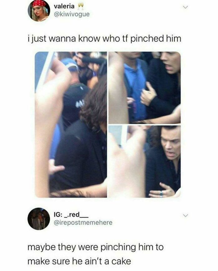 Collage with a man reacting in a crowd, featuring a funny comment about pinching to ensure he's not a cake.