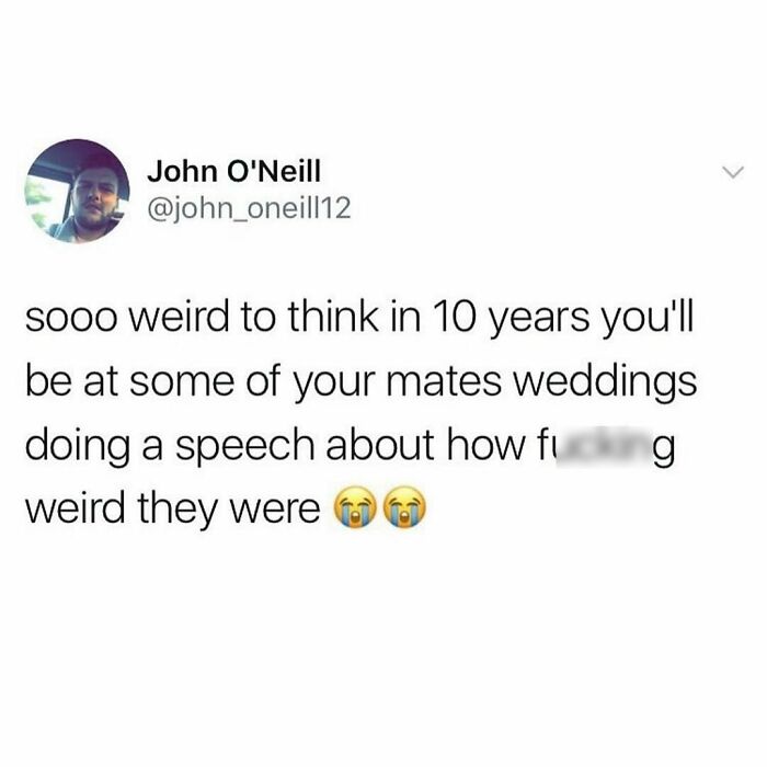 Funny post about giving a speech at friends' weddings, reflecting on their weirdness with crying emojis.