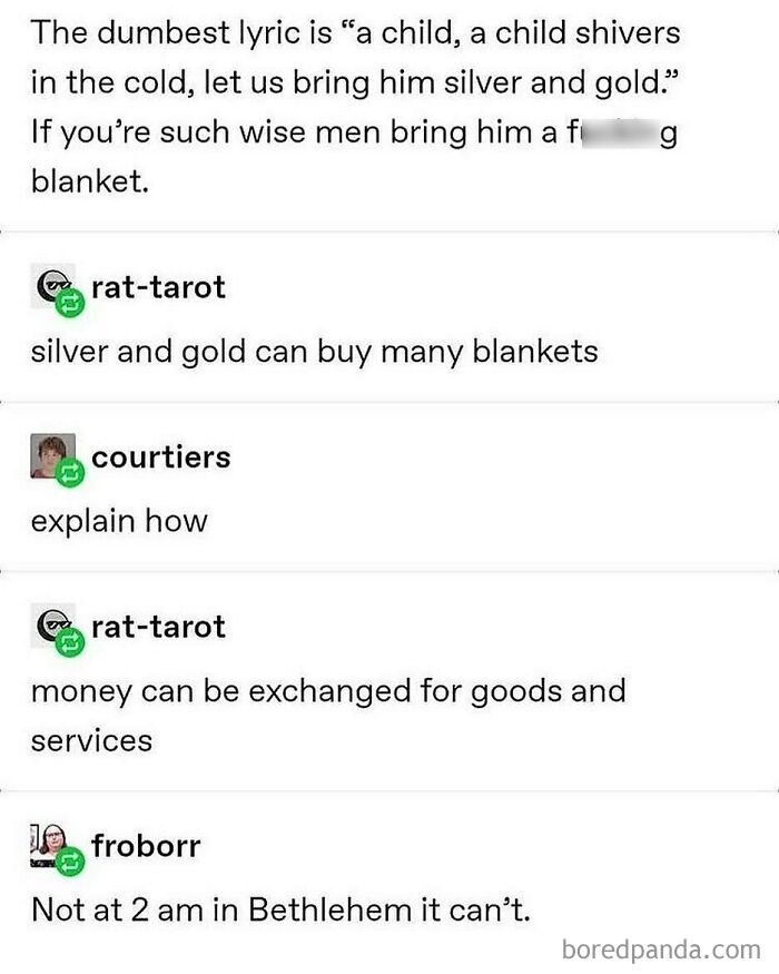 Funny meme critique of song lyrics suggesting blankets over silver and gold in Bethlehem.