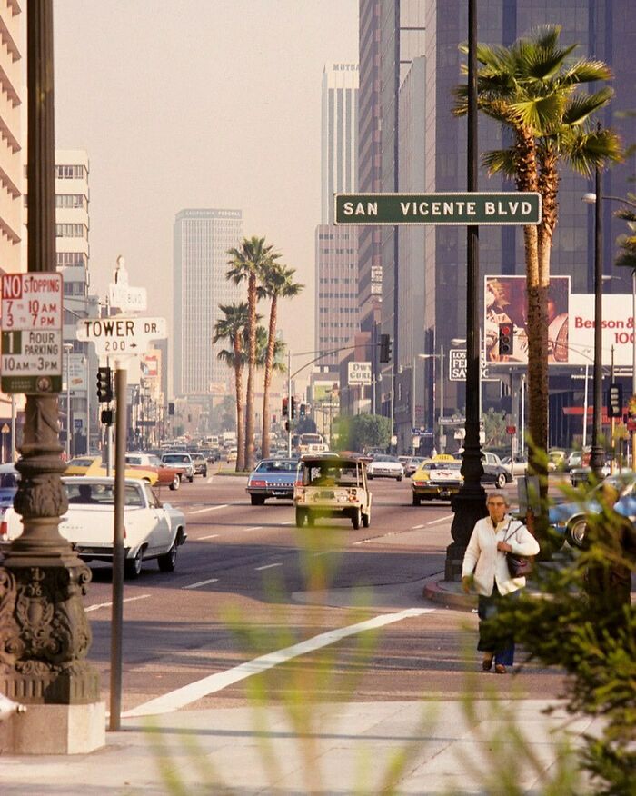 1970s West Coast street view with vintage cars, palm trees, and pedestrians on San Vicente Blvd.
