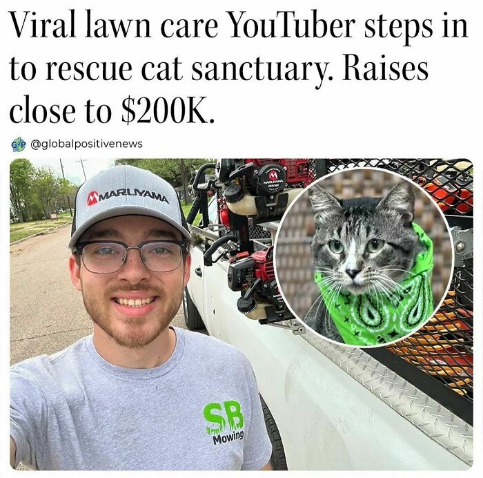 Viral YouTuber smiles while holding rescued cat, symbolizing wholesome kindness and $200K fundraising success.