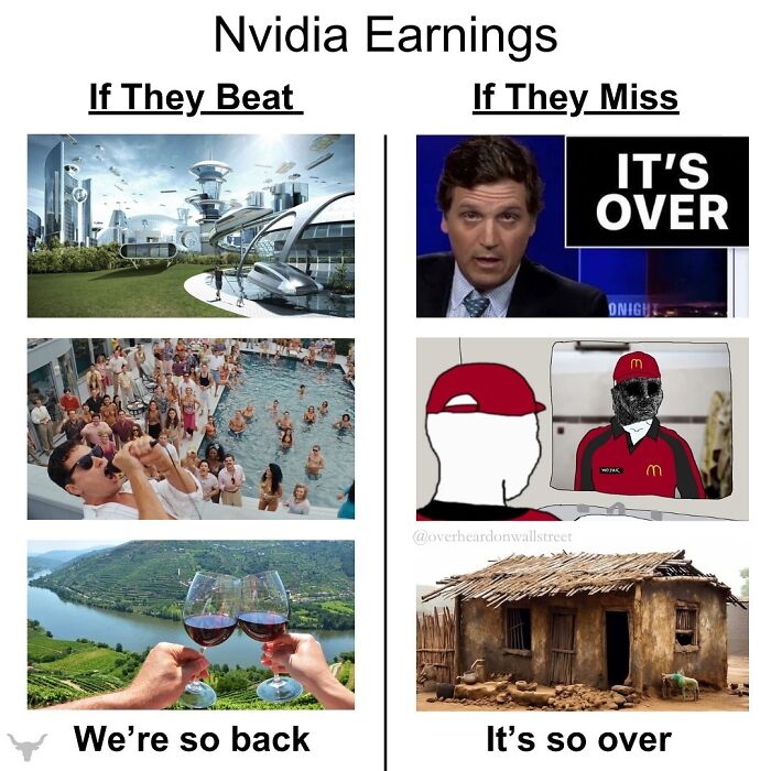 Nvidia earnings meme from "Overheard On Wall Street" page showing contrasting success and failure scenarios.