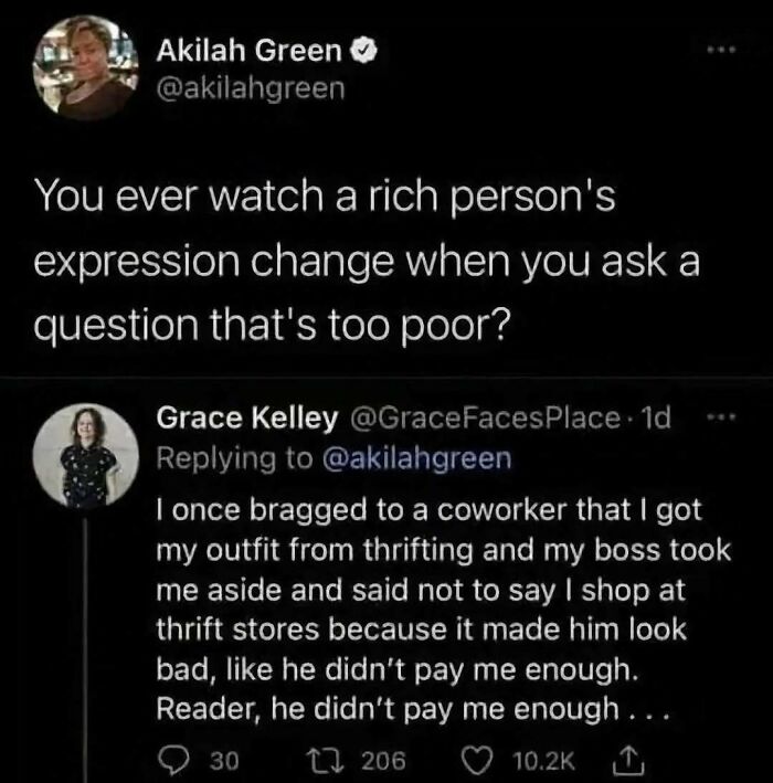 Humorous social media exchange about thrift shopping and awkward rich-person reactions.