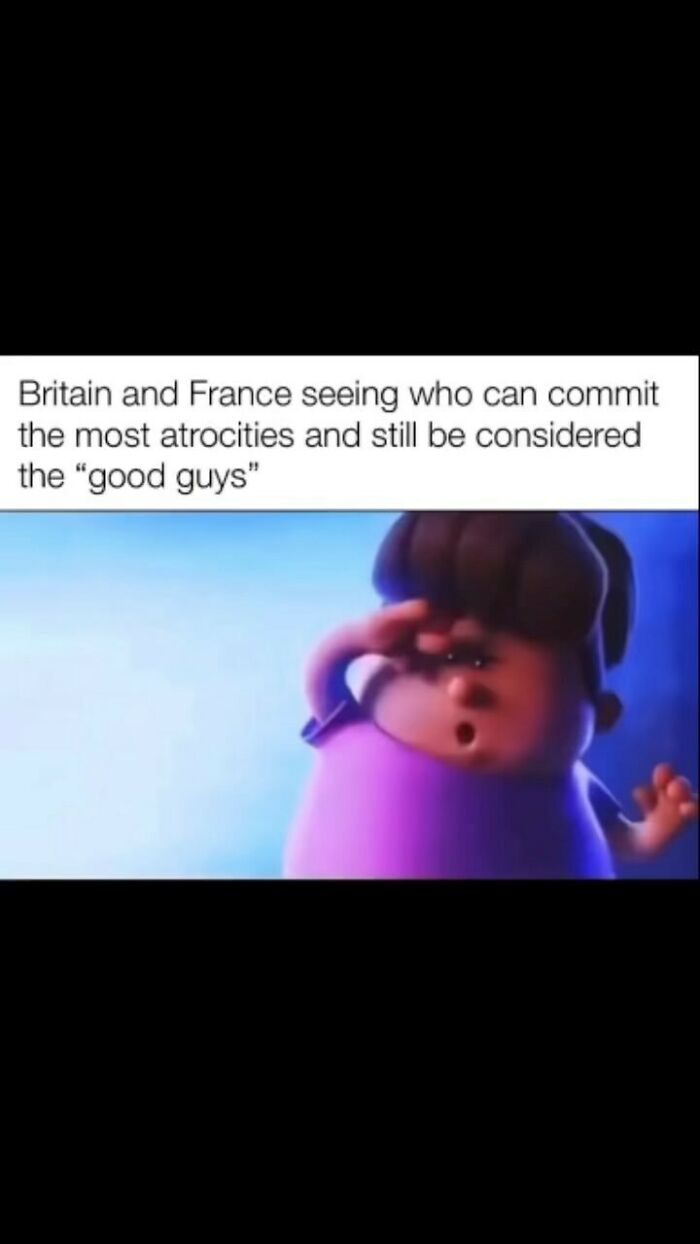 Animated character looking perplexed, humorously representing historical events between Britain and France.