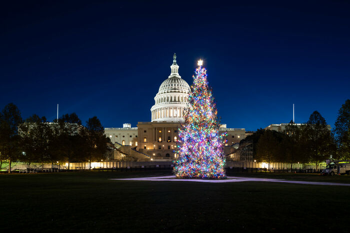 Christmas tree with colorful lights in front of a grand building at night, highlighting global holiday celebrations, in Washington .