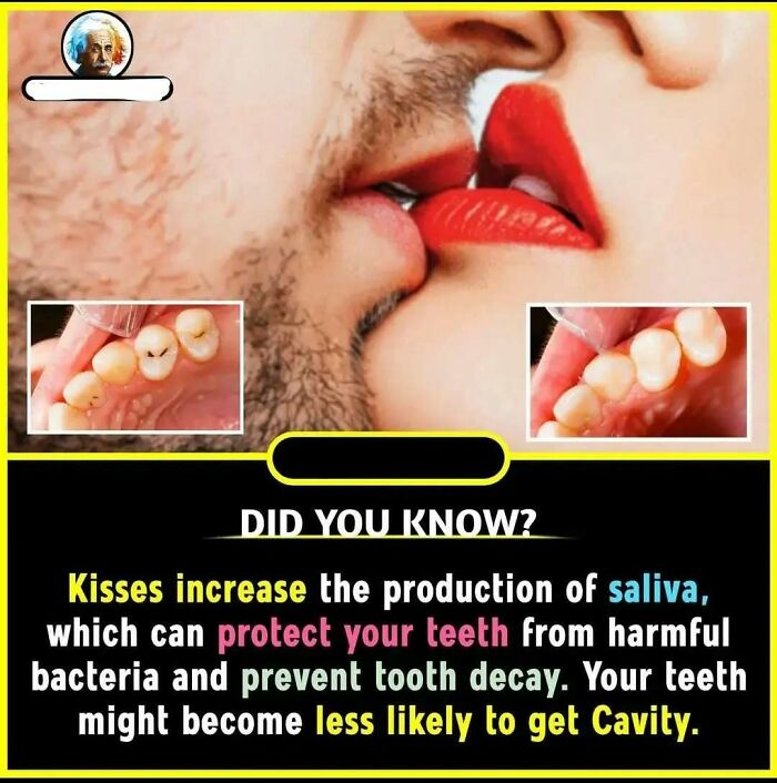 Kissing increases saliva production, protecting teeth from cavities by reducing harmful bacteria and tooth decay.