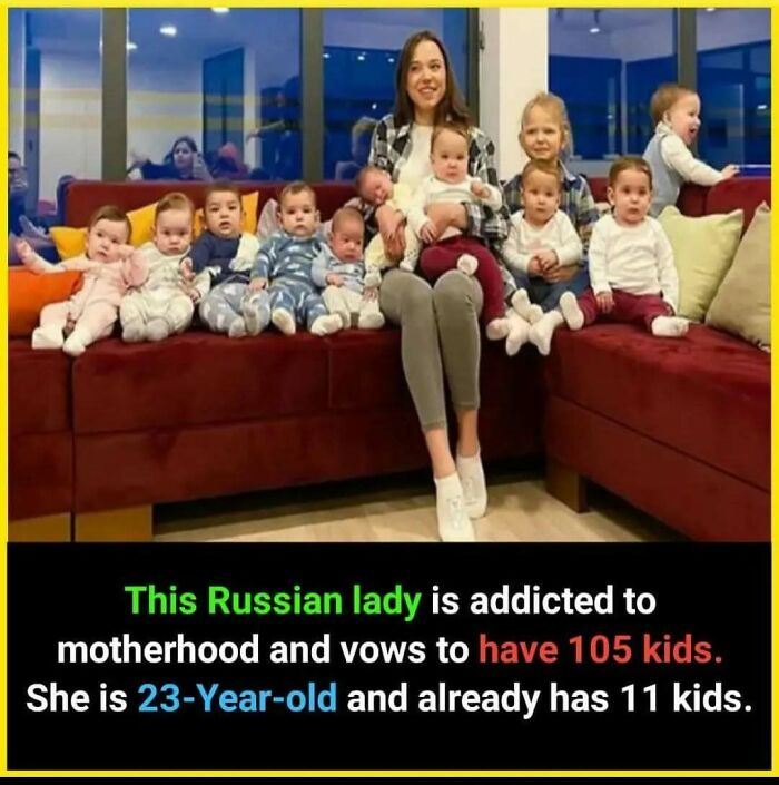 A woman sits on a sofa with many children, showcasing an undiscovered fact about family size.