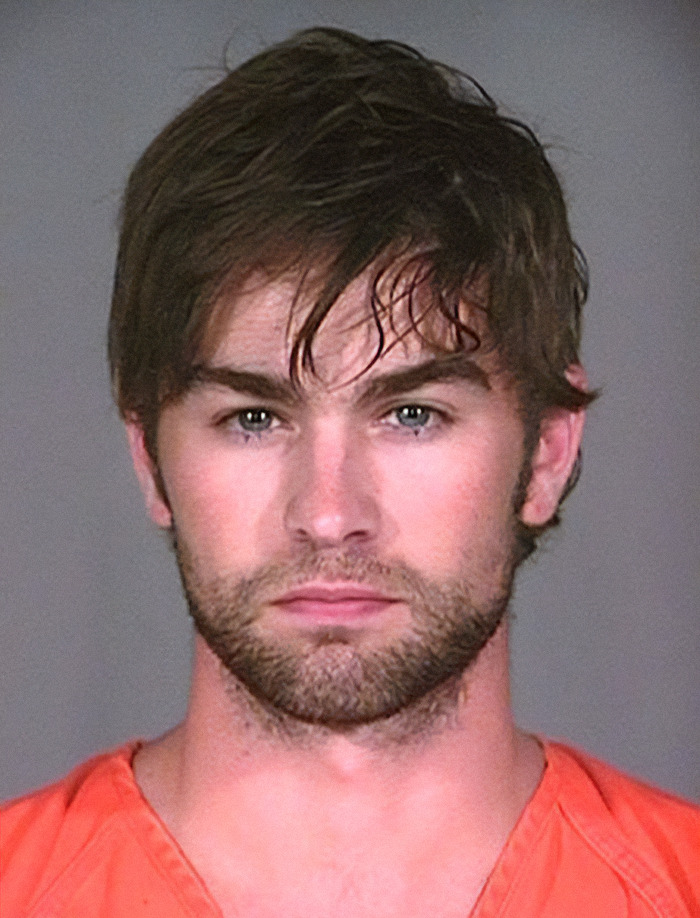Chace Crawford in an orange prison jumpsuit, representing the viral mugshot theme of criminal heartthrobs.