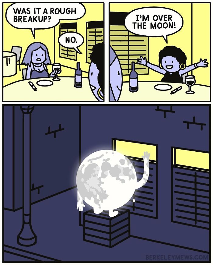 Comic with a character joking about being "over the moon" after a breakup, followed by the moon waving outside.
