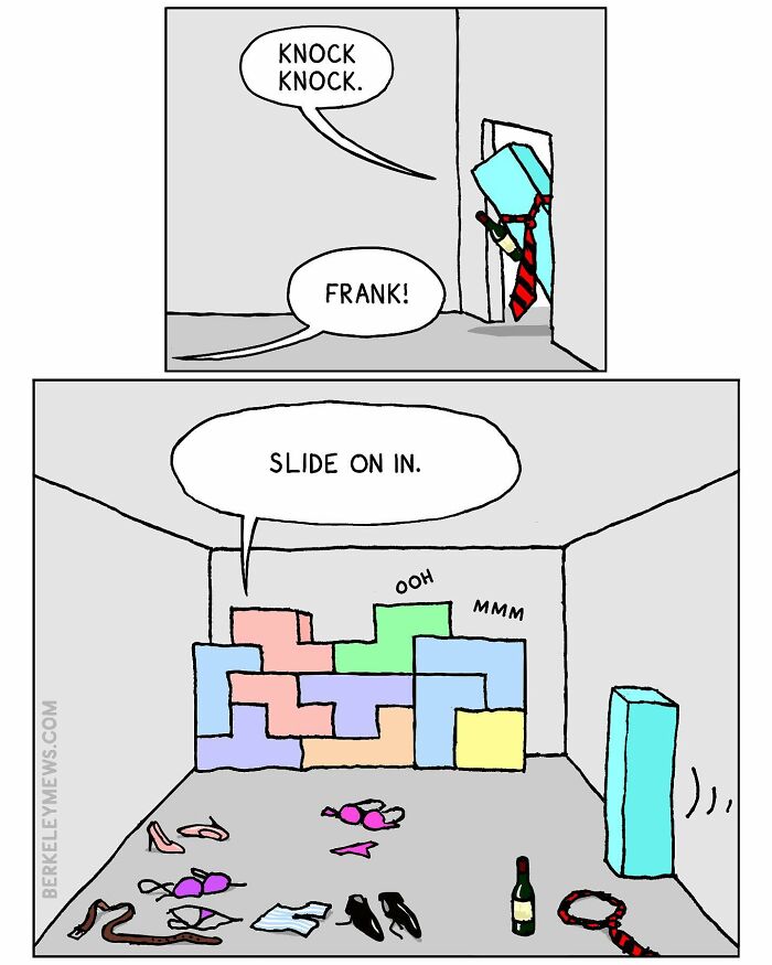 A humorous comic with a Tetris block in a messy room, knocking on a door, and being welcomed with "Slide on in."