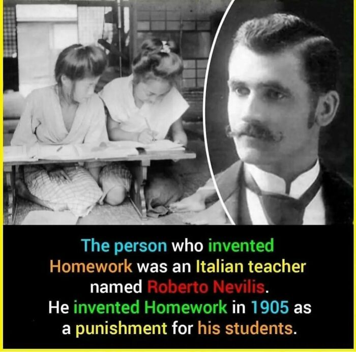 Two students doing homework; text about undiscovered facts regarding Roberto Nevilis inventing homework in 1905.