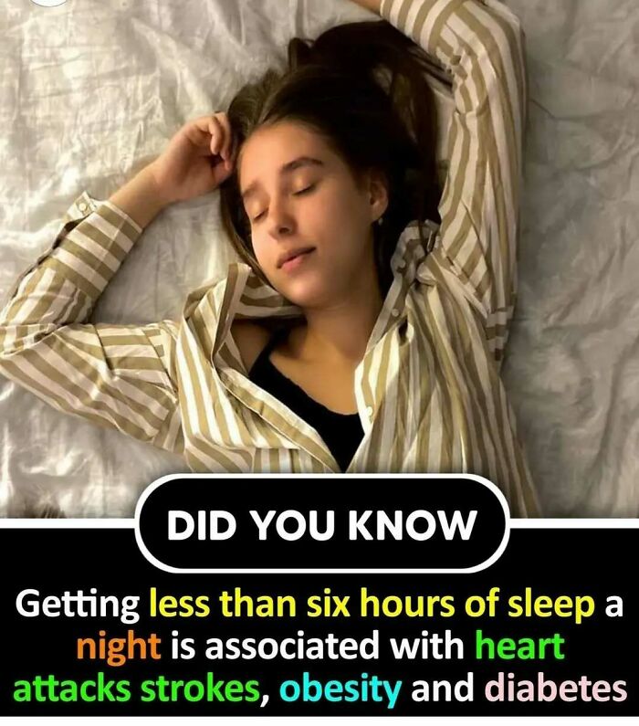 Woman sleeping as text highlights “undiscovered facts” on sleep deprivation and health risks like heart attacks and strokes.