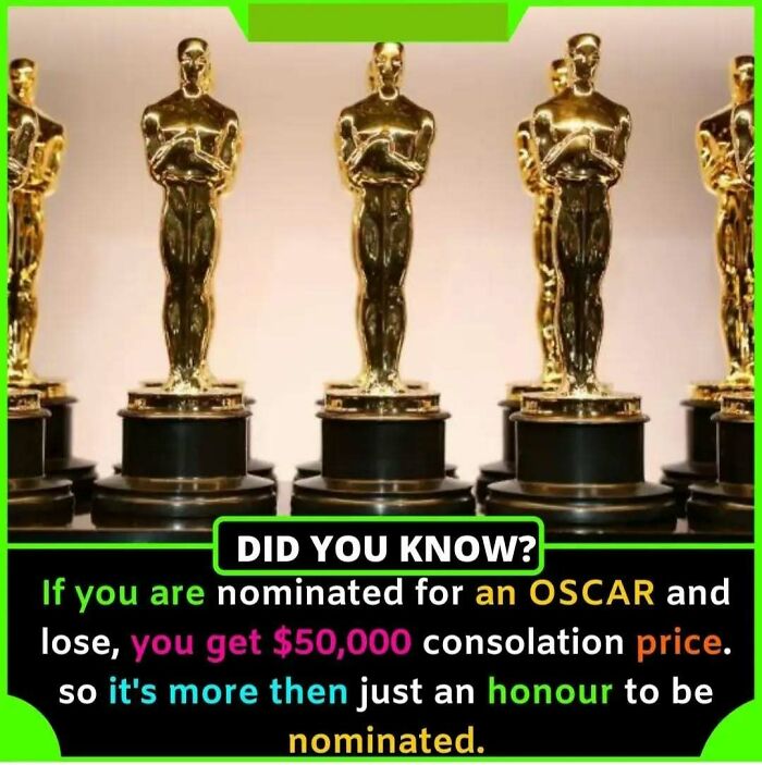 Oscar statuettes lined up, highlighting an undiscovered fact about a $50,000 consolation prize for nominees.