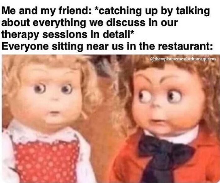Two doll-like figures with surprised expressions, illustrating a therapy meme about oversharing in public spaces.
