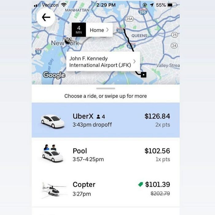 Uber rides in New York City comparing prices for UberX, Pool, and Copter options.