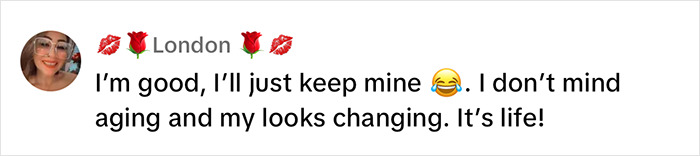 Comment on dangerous beauty trend; user prefers aging naturally, avoiding reptile-like looks. Comment on dangerous beauty trend; user prefers aging naturally, avoiding reptile-like looks.