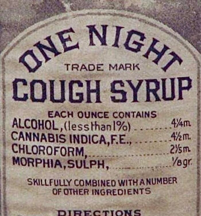 Antique medicinal label for "One Night Cough Syrup" with alcohol and cannabis, highlighting interesting history facts.