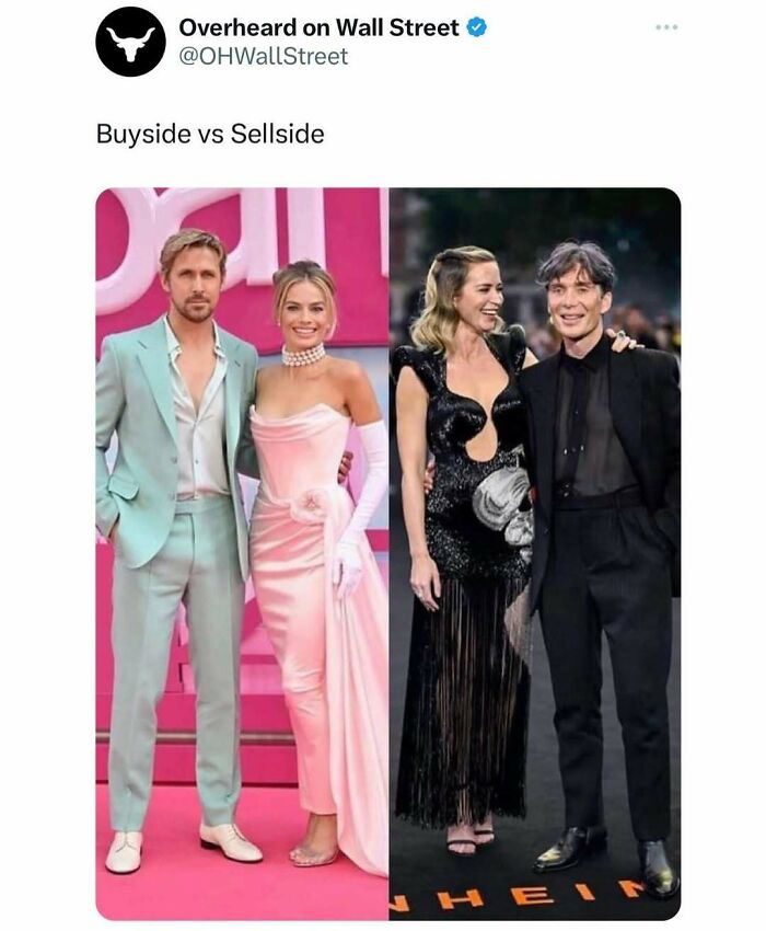 People dressed formally, captioned "Buyside vs Sellside," from the Overheard on Wall Street investment memes page.