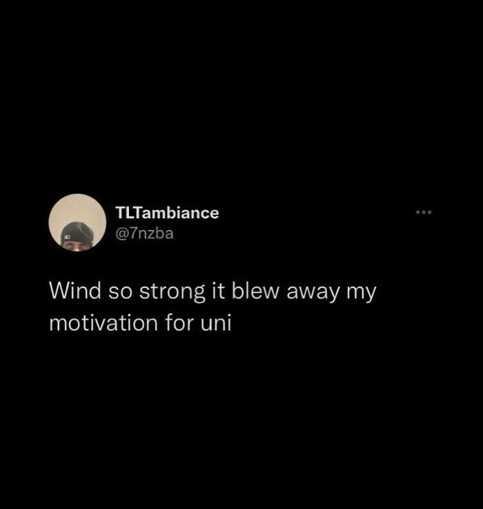 Tweet about university life: "Wind so strong it blew away my motivation for uni."