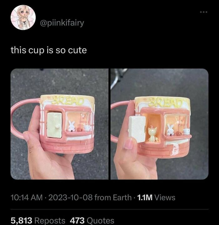 A pink mug shaped like a bakery with tiny animal figurines inside, showcasing culture and memes.
