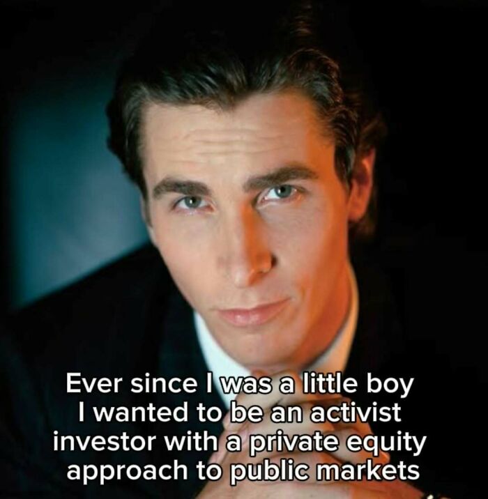 Close-up of a man's face with text overlay related to investment memes and private equity investing.