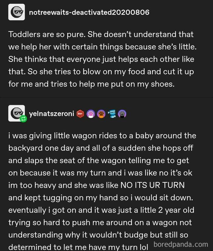 Funny text exchanges about toddlers helping and sharing, showcasing humorous and unhinged moments.