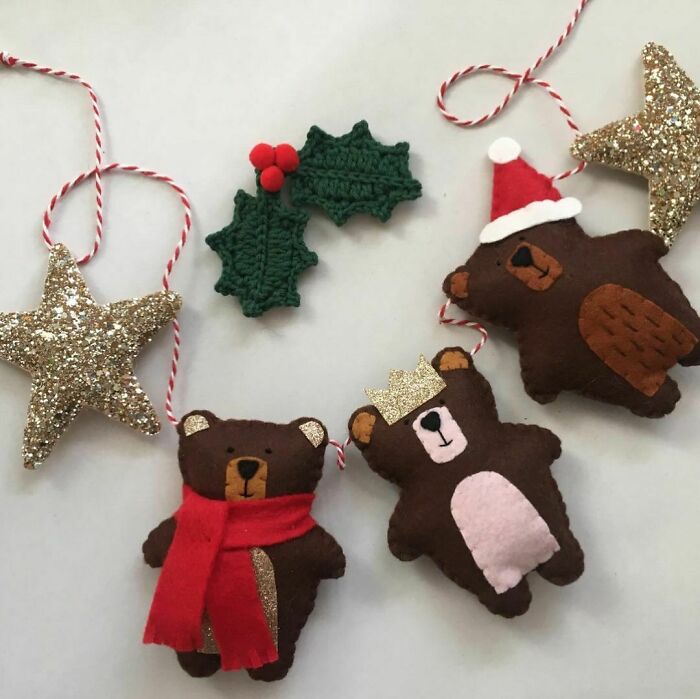 DIY Christmas decorations with felt bears, glitter stars, and crochet holly on a white background.