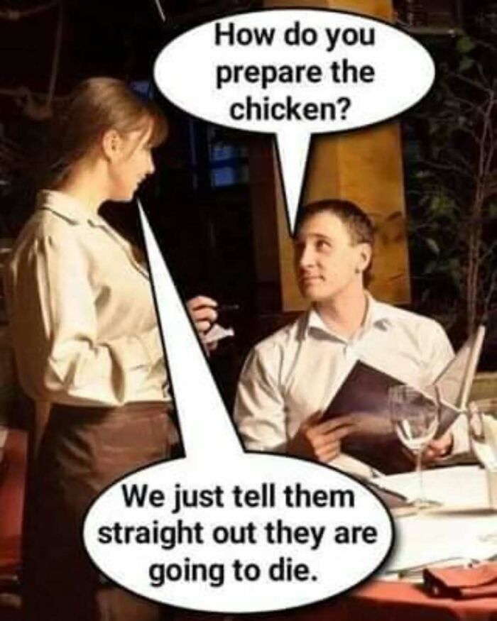 Restaurant meme from "Now That's Funny" IG: Waiter humor about preparing chicken, featuring quirky conversation bubbles.