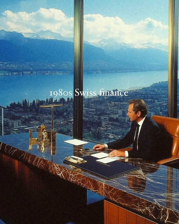 Man in a suit at a luxurious desk with a panoramic view, representing investment memes theme.