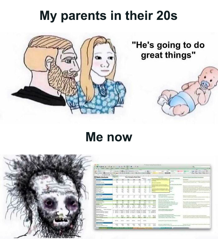 Investment meme showing parental expectations versus adult reality with spreadsheets.