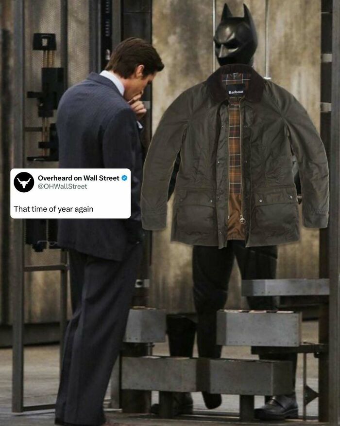 Businessman looking at a suit displayed on a mannequin, with a humorous tweet by "Overheard on Wall Street" about seasonal attire.