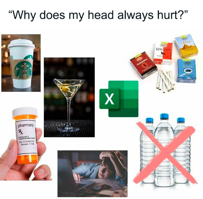 Collage of investment memes from "Overheard On Wall Street," depicting stress, drinks, pills, and a crossed-out water bottle.