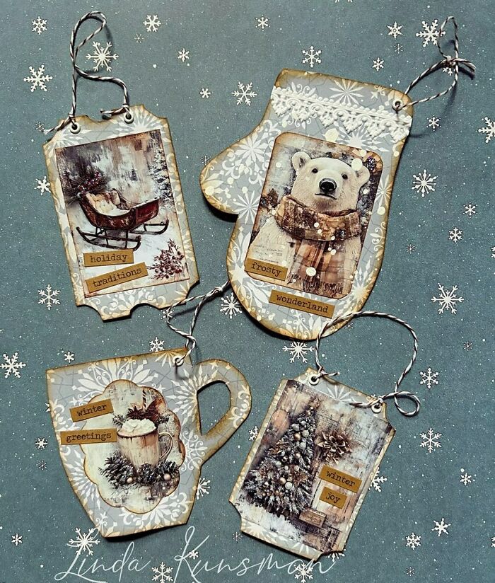 Creative DIY Christmas decorations featuring vintage-style tags and festive winter motifs.
