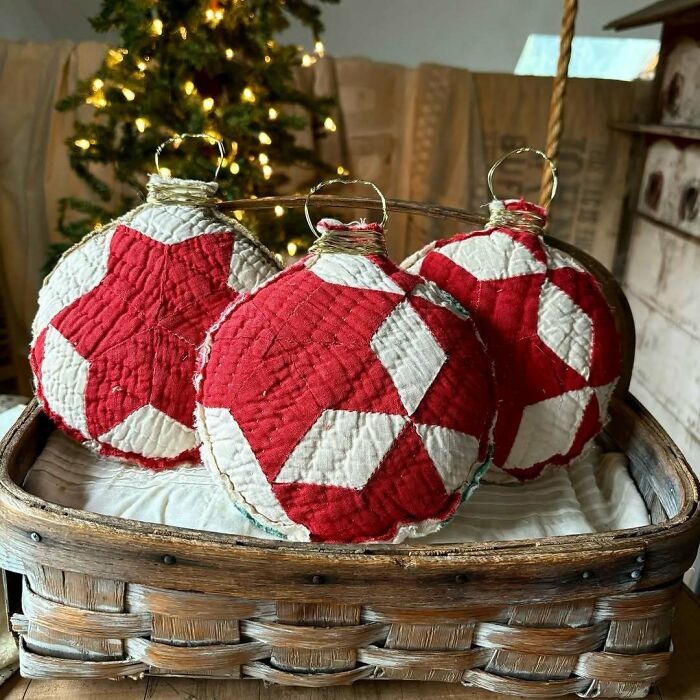 Handmade quilted ornaments in a basket, perfect for creative DIY Christmas decorations.