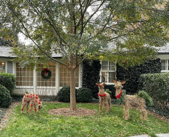 DIY Christmas decorations featuring straw reindeer with red accents on a grassy lawn in front of a house adorned with wreaths.