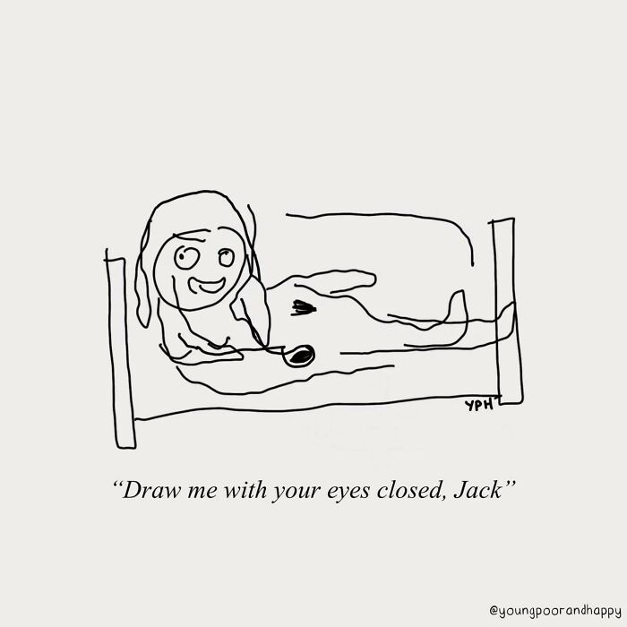 Minimalistic illustration by Dave Clamp of a sketchy figure lying down with a funny caption about drawing with eyes closed.