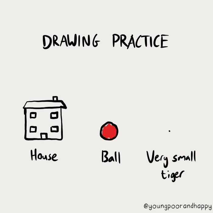 Funny minimalistic illustration by Dave Clamp showing a house, a ball, and a tiny dot labeled "very small tiger."