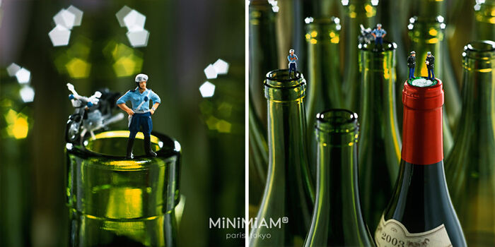 Miniatures on bottle tops showcasing a tiny world of foods and things.