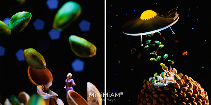 Miniature figures with pistachios and a UFO in creative tiny world scene.