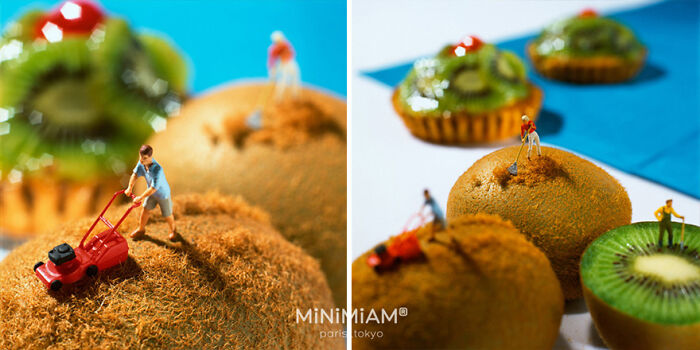 Miniatures of people interacting with kiwis, showcasing a creative tiny world of foods and things.