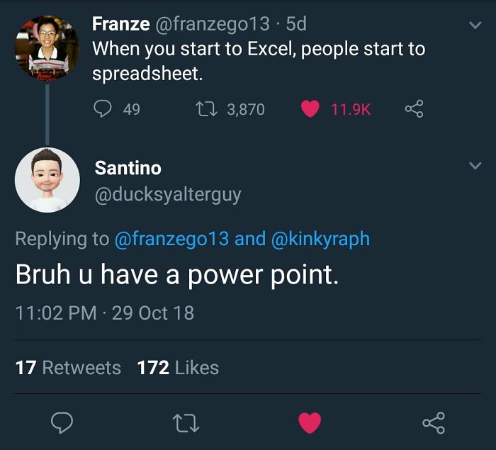 Twitter meme joke about Excel and PowerPoint with playful wordplay.