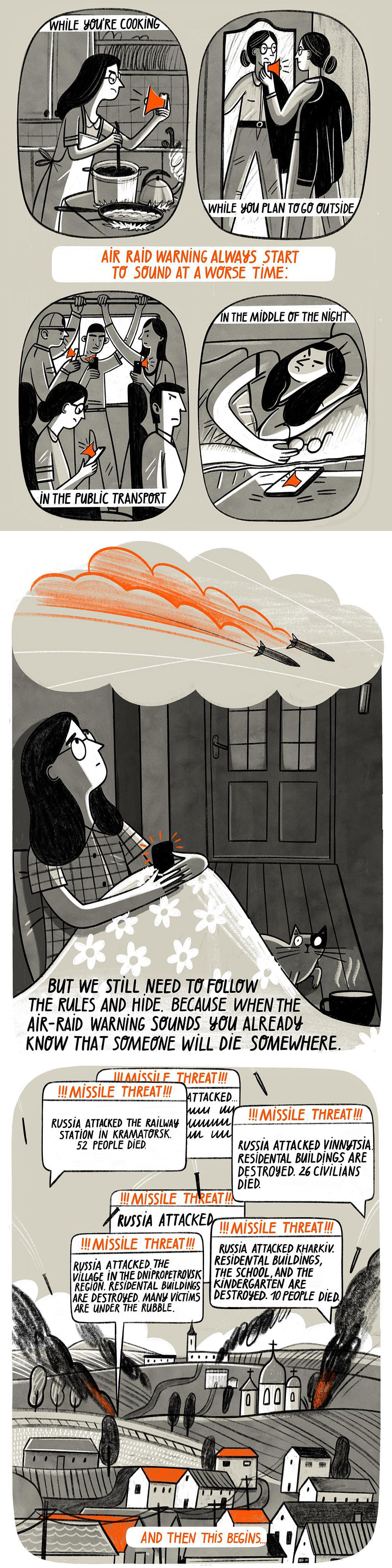 Ukrainian artist's comic illustrating life during war with air raid alarms disrupting daily moments.