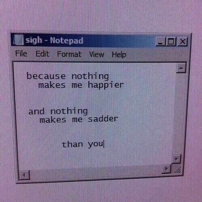 Notepad window displaying a nostalgic old-internet message expressing mixed emotions.